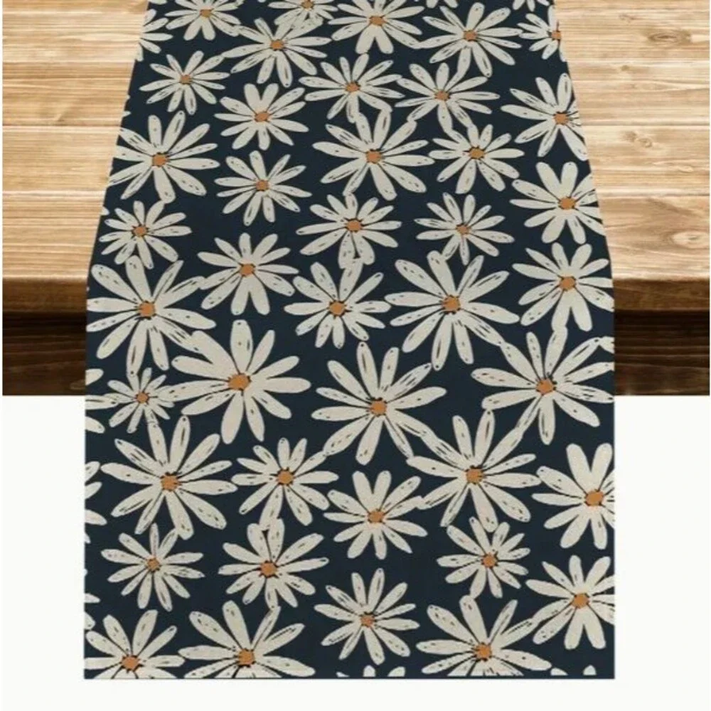 Table runner 13x72in Navy Blue with Daisies